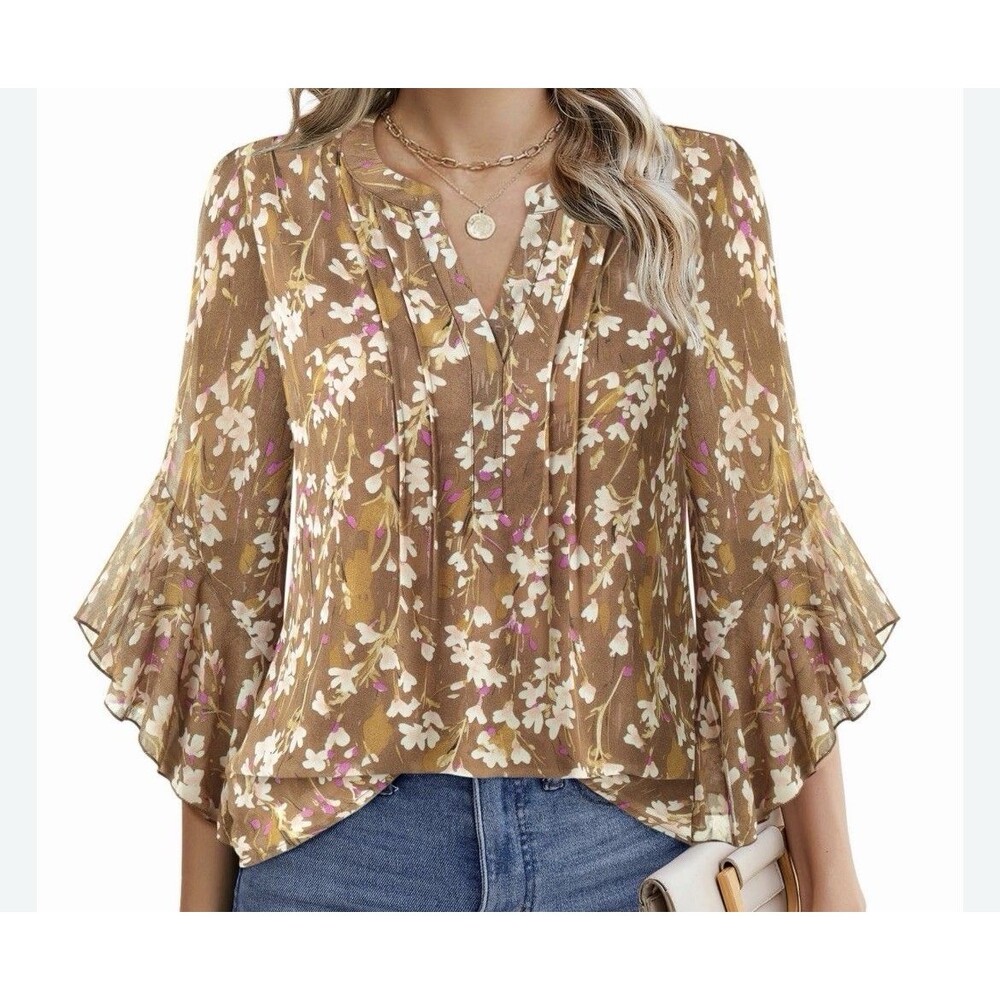 Floral Blouse Women Plus XXL Cottagecore Prairie chiffon 3/4 bell Sleeve top
